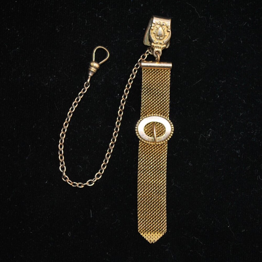 Antique Bates & Bacon Watch Chain Vest Clip with Mesh Ribbon & Buckle Accent